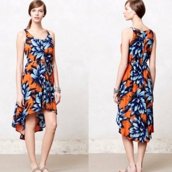 Anthropologie Maeve High Low Blue & Orange Floral Midi Dress Size 2 - Picture 1 of 6